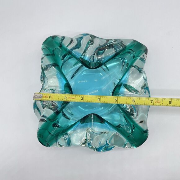 Murano Style Art Glass Ashtray Bowl Green Blue Sommerso Mid Century Heavy Piece - Picture 8 of 8